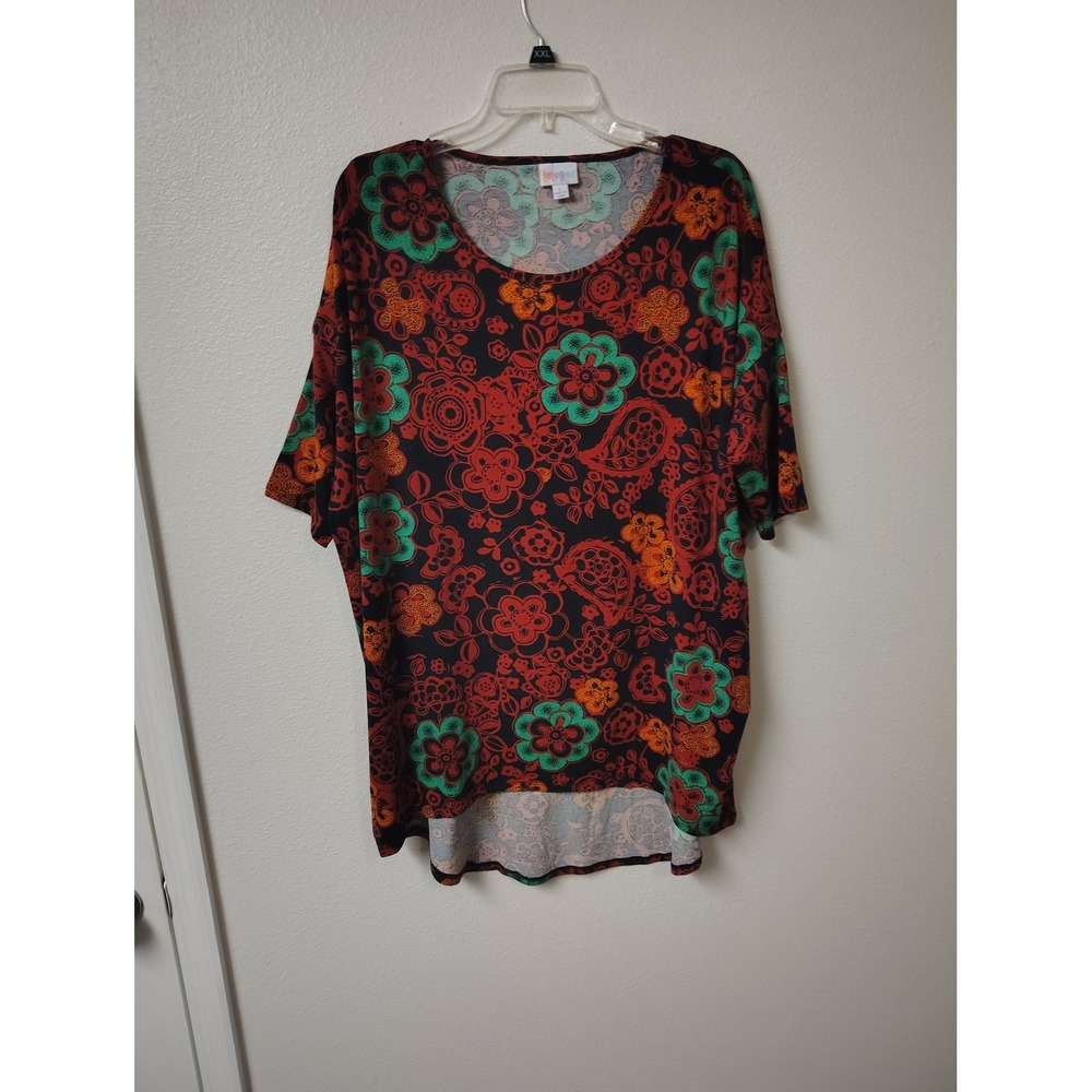 LuLaRoe Irma Tunic Top Large Floral Paisley High Low Short Sleeve Black Red Teal